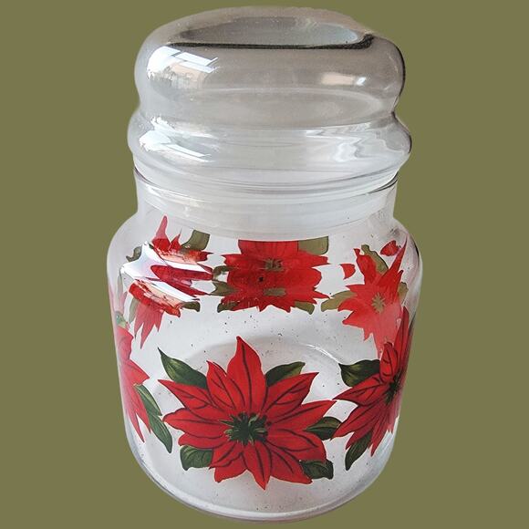 Vintage 1980s Libbey Glass Poinsettia Lidded Jar - Picture 2 of 4